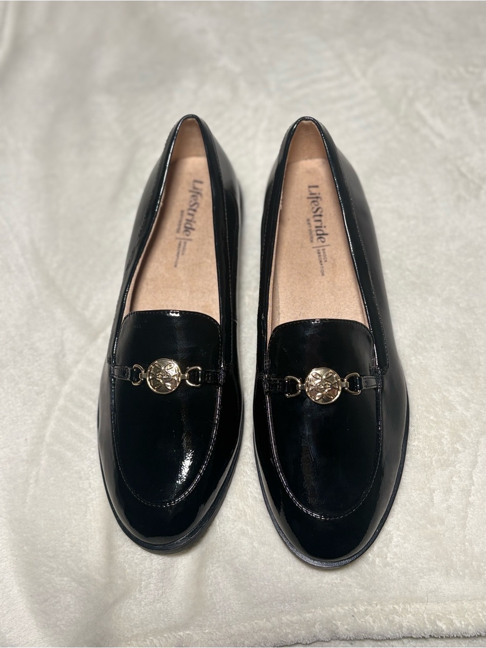 Life Stride Black Patent Loafers with Gold Medallion